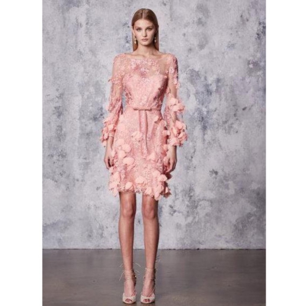 NWT Marchesa Notte Pink 3-D Floral Sheer Embroidered Long Sleeve Mini Dress 10